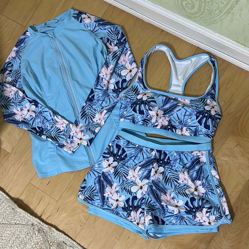 Blue and White Floral Bikini Set with Rash Guard